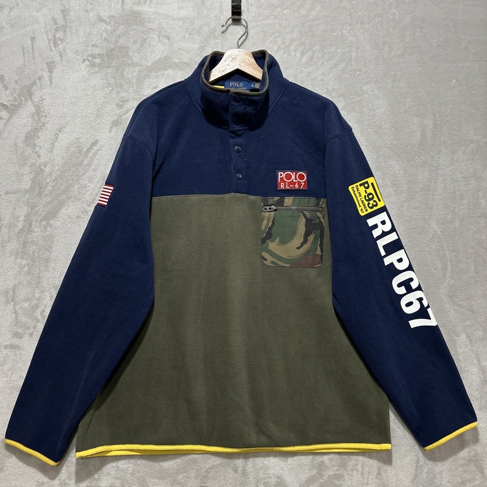 Polo Ralph Lauren RLPC67 Hi Tech P-93 Camo Fleece Pullover Men's XL Navy & Green